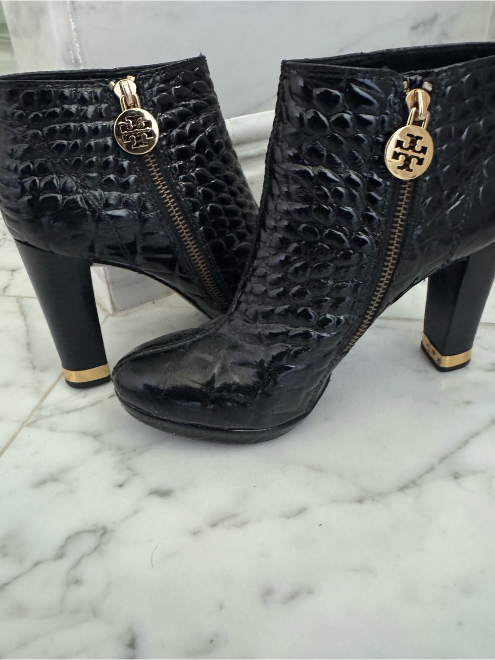 Tory Burch Black Croc-Embossed Leather Ankle Boots - Women's 6.5
